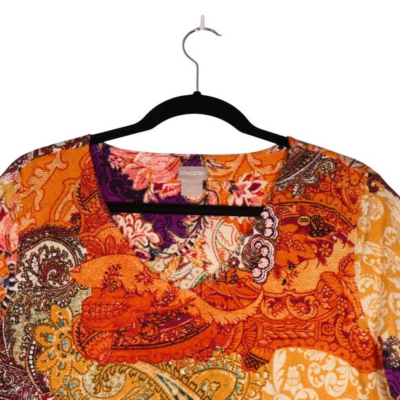 Chicos Tunic Shirt Womens 2 or L Brown Paisley Floral Boho Top 3/4 Sleeve - Picture 2 of 10